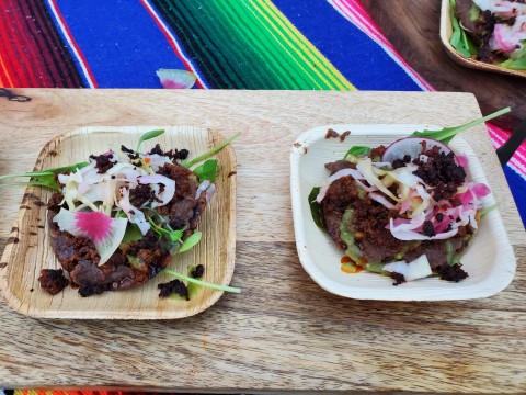 Smoked Duck Chorizo Tlayuda, Ayocote Morado Bean Puree, Pasilla de Oaxaca by the Tides