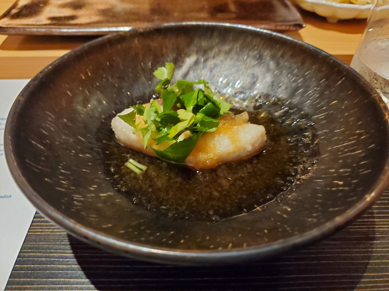 Kanpachi age-dashi, fried amberjack in dashi broth at the Den at Azabu in Miami Beach