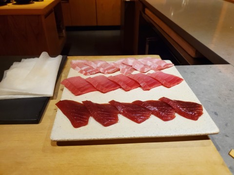 Fatty, Medium and lean tuna at the Den at Azabu in Miami Beach