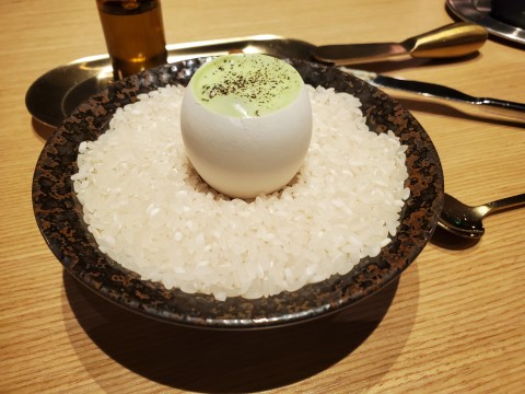 Egg with Wasabi Foam, from the Spring 2024 Menu at Tambourine Room in Miami Beach