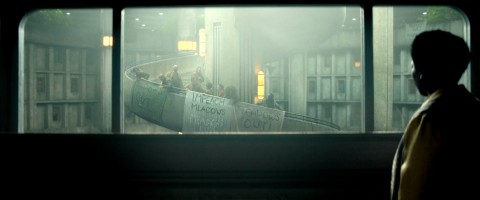 Signs protesting and calling for the Impeachment of Judge Meadows in Silo Season 2 Episode 4 Harmonium