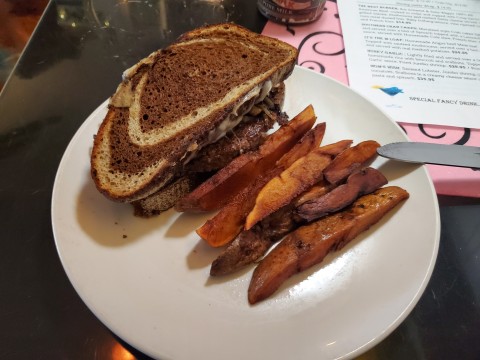 Patty Melt, Angus Beef with grilled onions and swiss on Marble Rye Bread w/steak fries