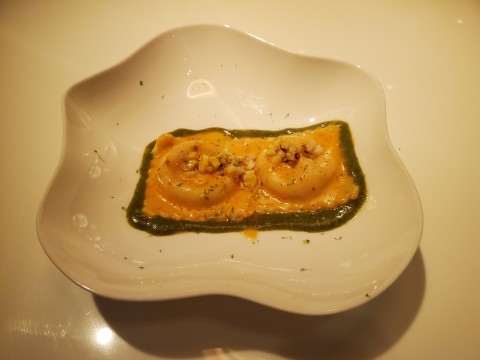 Corn Ravioli, Roasted Tomatillos, Cilantro with espelette sauce at Le Jardinier at Miami's Design District