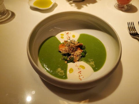 English Pea Veloute with Ricotta mousse, mint and walnuts. First course at my Le'Jardinier meal at Design District in Miami.