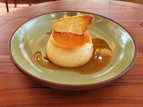 Flan with Caramel note the sugar tortilla on top at Koko in Coconut Grove