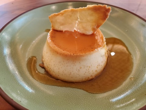 Flan with Caramel note the sugar tortilla on top, in