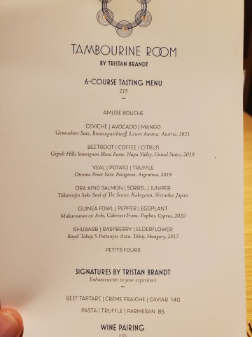 Current Menu at Tambourine Room, this will change in October.