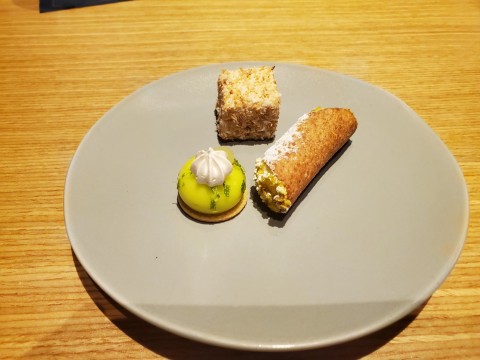 Just the miniature key lime tart, the coconut marshmallow cube and the miniature canoli