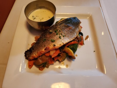 Branzino (seabass) with rosemary buerr-blanc sauce