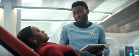 Uhura in Sick Bay after her first hallucination. A charming scene between Dr. M'Benga and Uhura