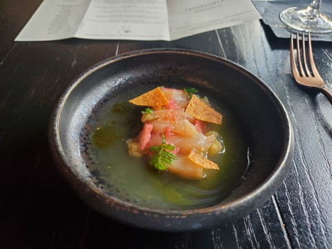 Seth's Ume-Su Cured-Hamachi at the Stubborn Seed in Miami Beach