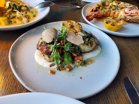 Coal Fired Scallops with truffle soubise, asparagus, almond brown butter and black truffle at Klaw Restaurant in Miami