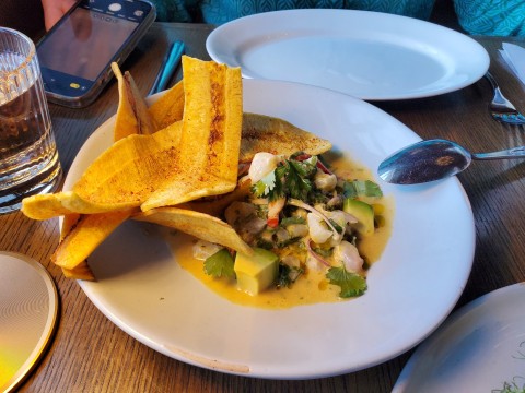 Grouper Ceviche with coconut milk, aji amarillo, avocado and plantain chips at Klaw Restaurant in Miami