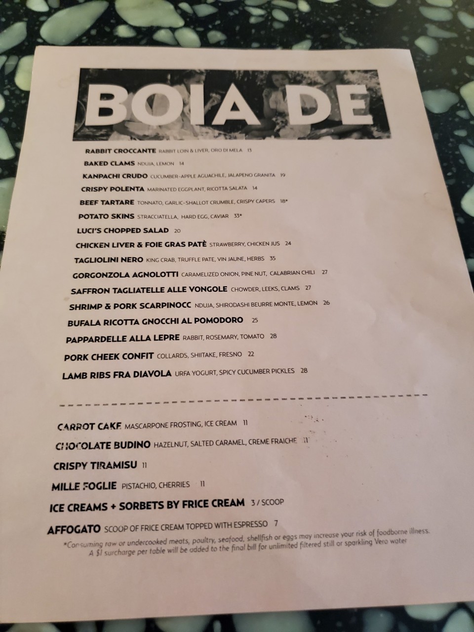 Food Menu as of 9/14/2023 at Boia De