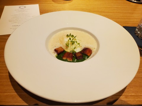 Poached Country Egg with Potato, Spinach Puree and eel foam