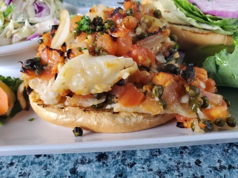 Up close of the grouper matecumbe sandwich at Lazy Lobster in Key Largo